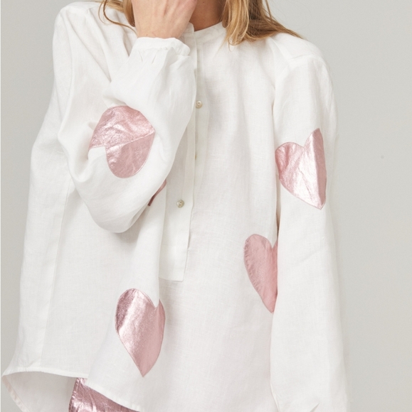 Cupid Linen Shirt - Off-White with Metallic Pink Hearts - Picture 3 of 4